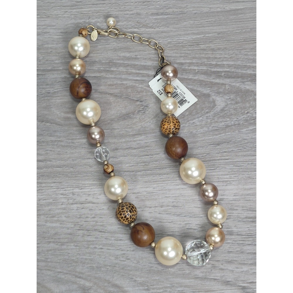 Cookie Lee Brown Faux Wood Pearl Glass Beaded Necklace Chunky Statement NWT